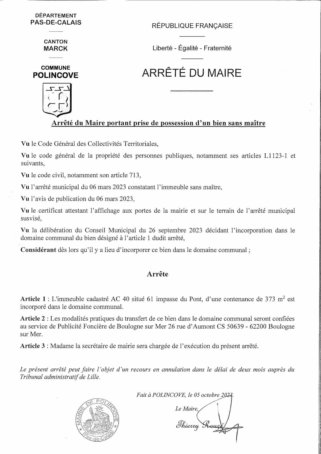 Arrete municipal possession d un bien sans maitre