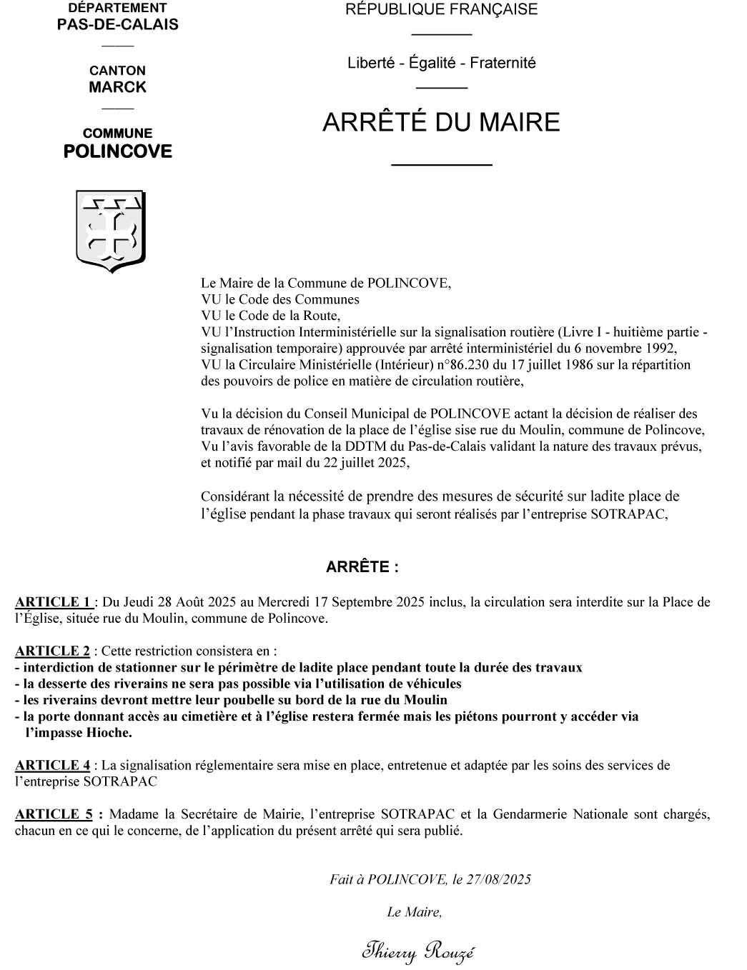 Arrete restriction circulation place eglise 08 2025