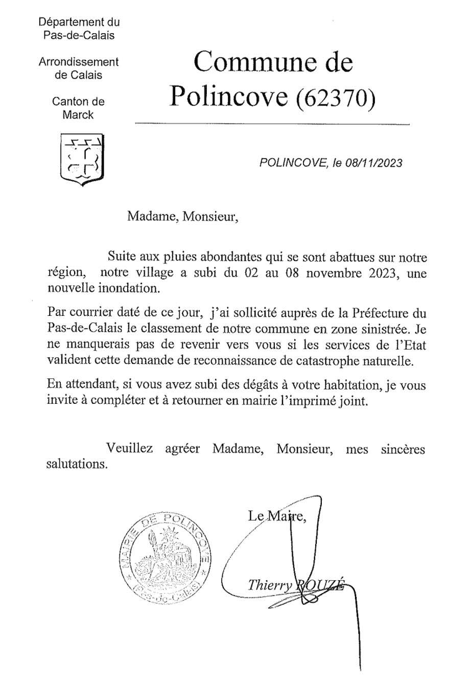Courrier population sinistree